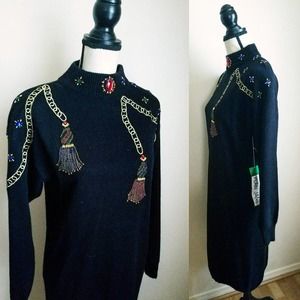 1980s Black Bedazzled Sweater Dress || Large to Extra Large || Knit